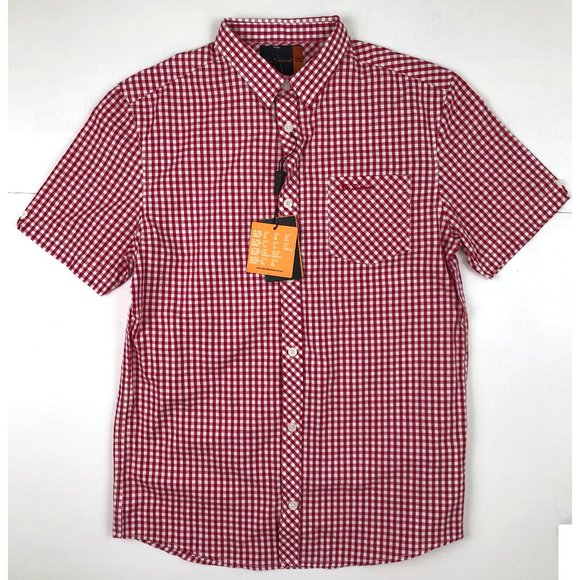 Ben Sherman Boys Check Shirt Red White NWT Button Collared Short Sleeve Size 16 - Picture 1 of 3